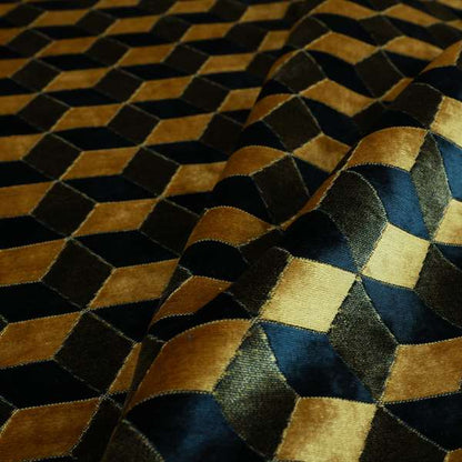 Akita Geometric 3D Pattern Velvet Fabric In Golden Yellow Blue Colour - Made To Measure Curtains