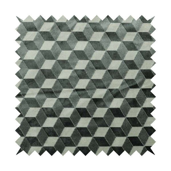 Akita Geometric 3D Pattern Velvet Fabric In Grey White Colour