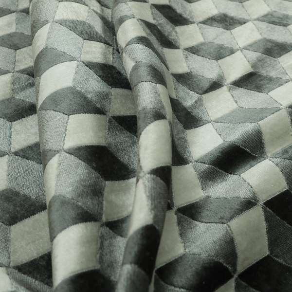 Akita Geometric 3D Pattern Velvet Fabric In Grey White Colour - Made To Measure Curtains