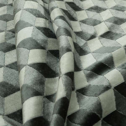 Akita Geometric 3D Pattern Velvet Fabric In Grey White Colour