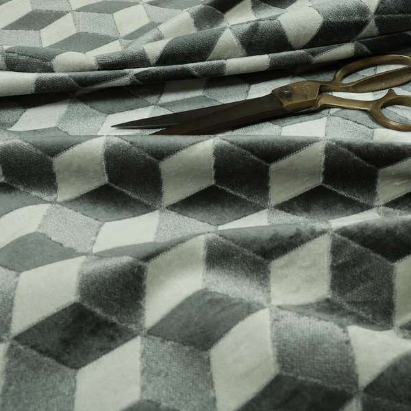 Akita Geometric 3D Pattern Velvet Fabric In Grey White Colour - Roman Blinds