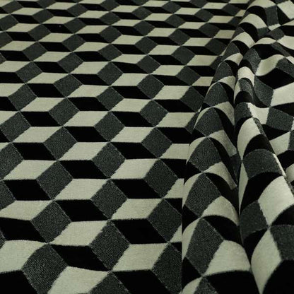 Akita Geometric 3D Pattern Velvet Fabric In Black White Colour - Roman Blinds