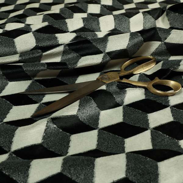 Akita Geometric 3D Pattern Velvet Fabric In Black White Colour - Made To Measure Curtains