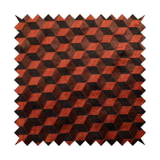 Akita Geometric 3D Pattern Velvet Fabric In Orange Brown Colour