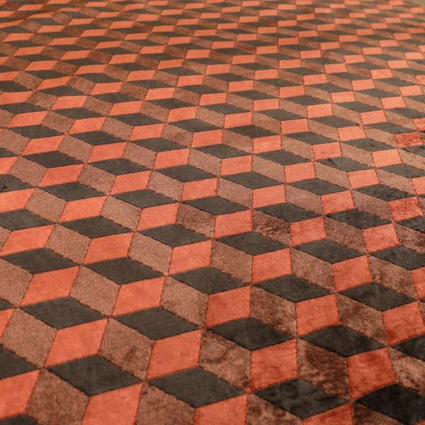 Akita Geometric 3D Pattern Velvet Fabric In Orange Brown Colour