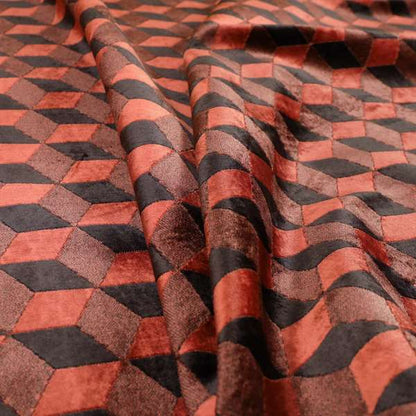 Akita Geometric 3D Pattern Velvet Fabric In Orange Brown Colour