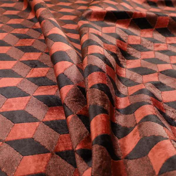 Akita Geometric 3D Pattern Velvet Fabric In Orange Brown Colour - Made To Measure Curtains