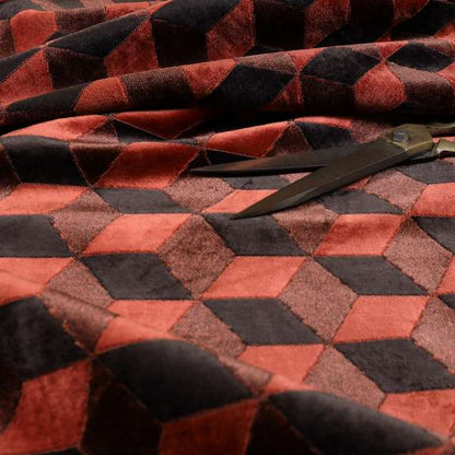 Akita Geometric 3D Pattern Velvet Fabric In Orange Brown Colour