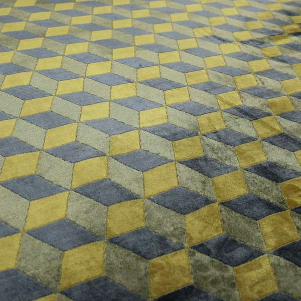 Akita Geometric 3D Pattern Velvet Fabric In Yellow Grey Colour