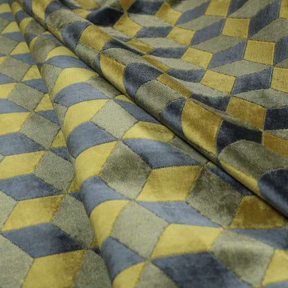 Akita Geometric 3D Pattern Velvet Fabric In Yellow Grey Colour - Made To Measure Curtains