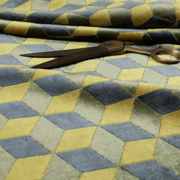 Akita Geometric 3D Pattern Velvet Fabric In Yellow Grey Colour