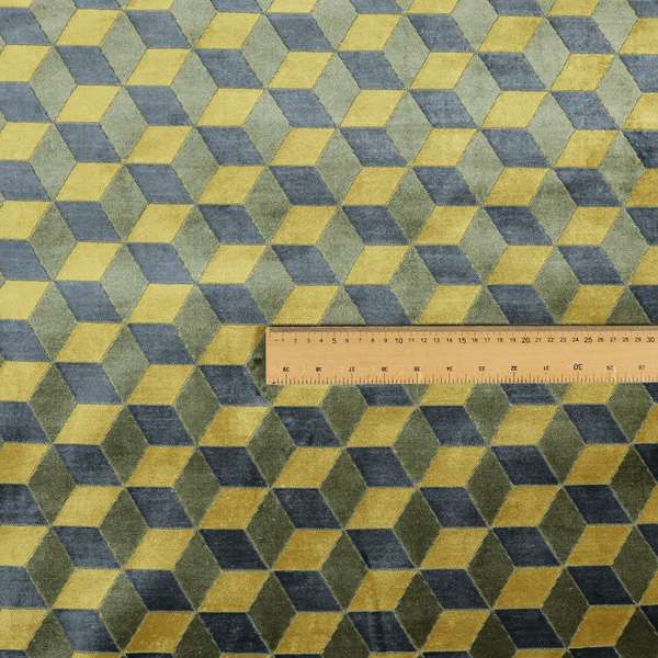 Akita Geometric 3D Pattern Velvet Fabric In Yellow Grey Colour - Roman Blinds