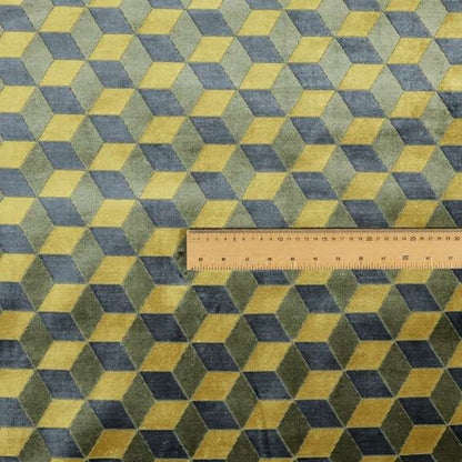 Akita Geometric 3D Pattern Velvet Fabric In Yellow Grey Colour - Made To Measure Curtains