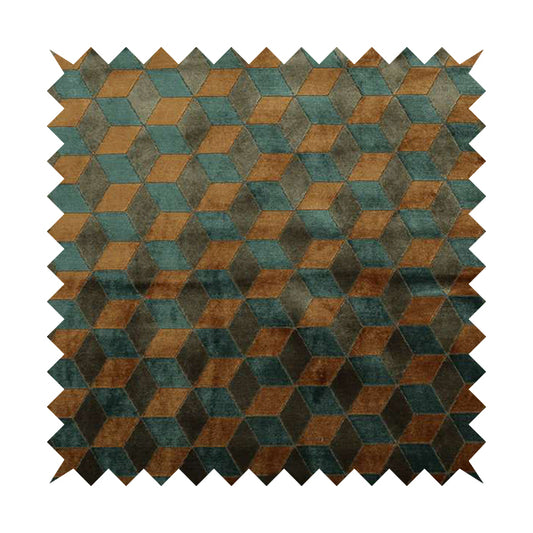 Akita Geometric 3D Pattern Velvet Fabric In Blue Orange Colour