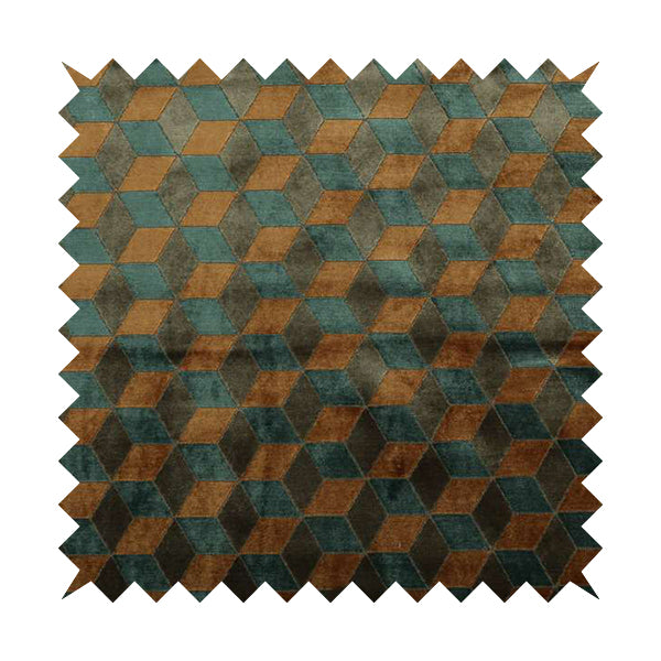 Akita Geometric 3D Pattern Velvet Fabric In Blue Orange Colour - Handmade Cushions