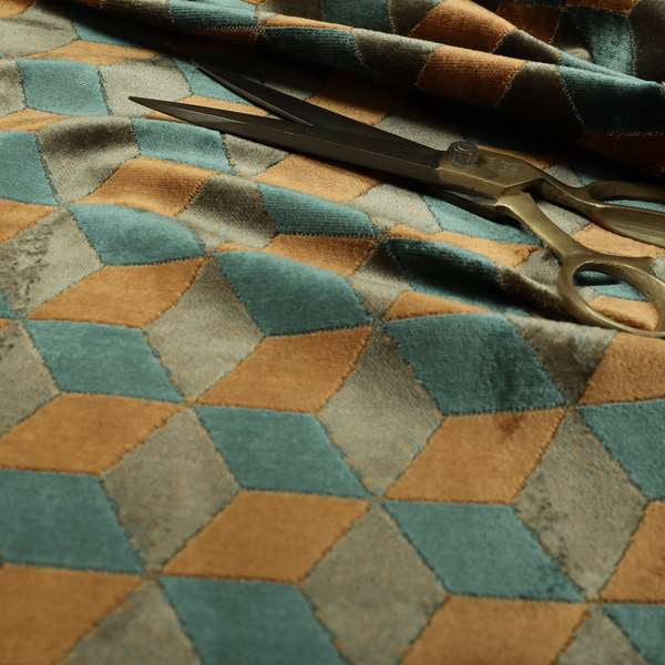 Akita Geometric 3D Pattern Velvet Fabric In Blue Orange Colour