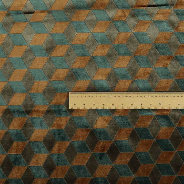 Akita Geometric 3D Pattern Velvet Fabric In Blue Orange Colour - Made To Measure Curtains