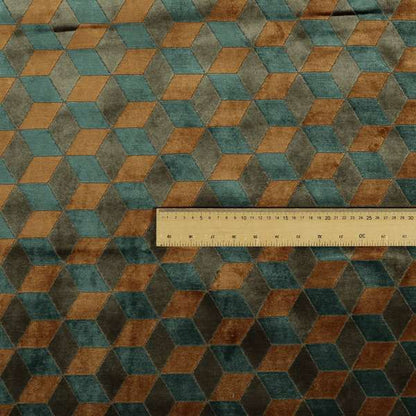 Akita Geometric 3D Pattern Velvet Fabric In Blue Orange Colour - Made To Measure Curtains