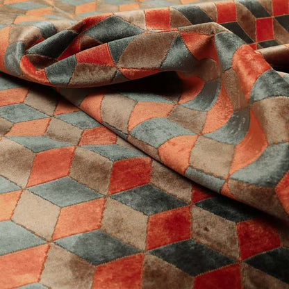 Akita Geometric 3D Pattern Velvet Fabric In Orange Grey Colour