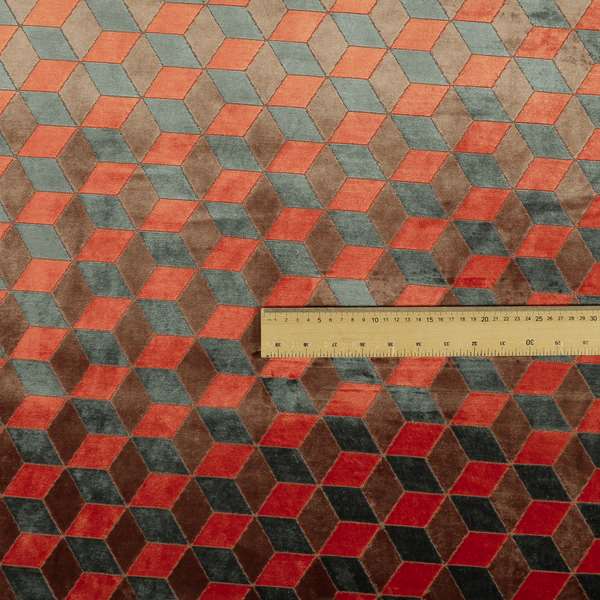 Akita Geometric 3D Pattern Velvet Fabric In Orange Grey Colour - Roman Blinds