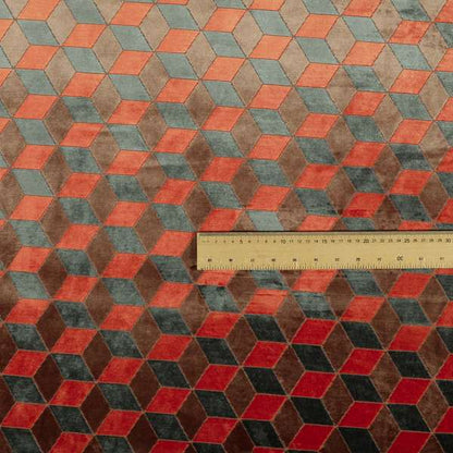 Akita Geometric 3D Pattern Velvet Fabric In Orange Grey Colour