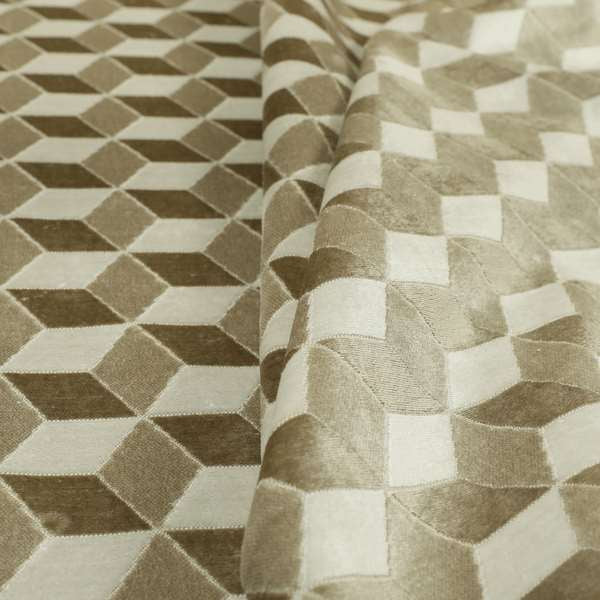 Akita Geometric 3D Pattern Velvet Fabric In White Beige Colour