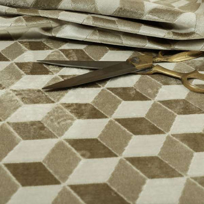 Akita Geometric 3D Pattern Velvet Fabric In White Beige Colour