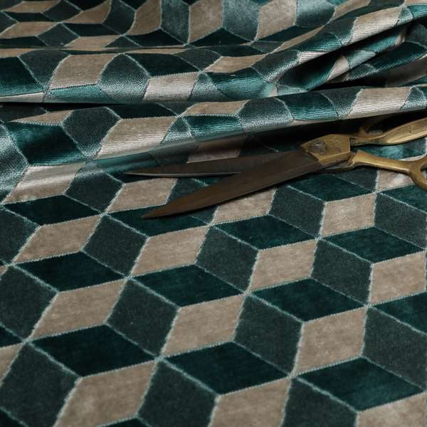 Akita Geometric 3D Pattern Velvet Fabric In Teal Silver Colour - Made To Measure Curtains