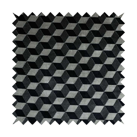 Akita Geometric 3D Pattern Velvet Fabric In Navy Blue Silver Colour