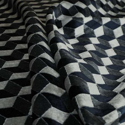 Akita Geometric 3D Pattern Velvet Fabric In Navy Blue Silver Colour - Made To Measure Curtains