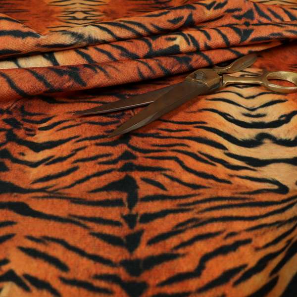 Animal Print Tiger Theme Pattern Orange Black Colour Printed Velvet Velour Upholstery Curtain Fabrics - Roman Blinds