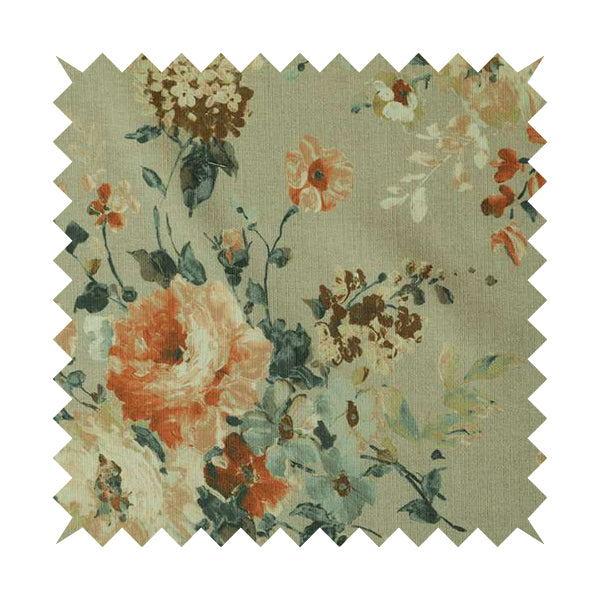 Bukoba Floral Printed Pattern On Linen Effect Material Orange Colour Furnishing Interior Upholstery Fabric - Roman Blinds