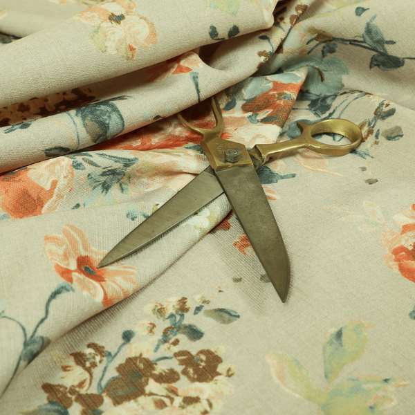 Bukoba Floral Printed Pattern On Linen Effect Material Orange Colour Furnishing Interior Upholstery Fabric - Roman Blinds