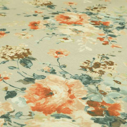 Bukoba Floral Printed Pattern On Linen Effect Material Orange Colour Furnishing Interior Upholstery Fabric - Roman Blinds