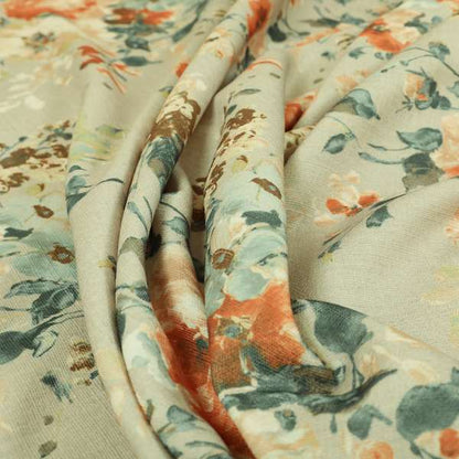 Bukoba Floral Printed Pattern On Linen Effect Material Orange Colour Furnishing Interior Upholstery Fabric - Roman Blinds