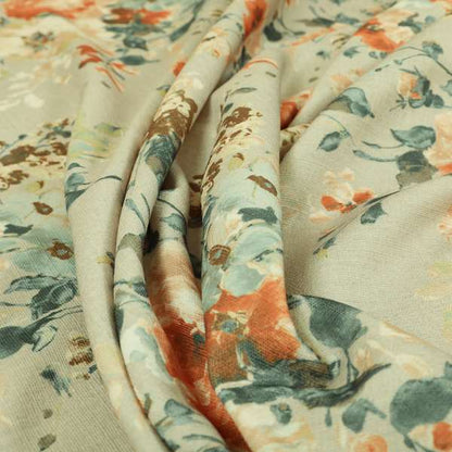 Bukoba Floral Printed Pattern On Linen Effect Material Orange Colour Furnishing Interior Upholstery Fabric