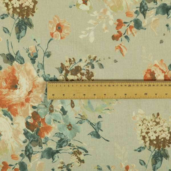 Bukoba Floral Printed Pattern On Linen Effect Material Orange Colour Furnishing Interior Upholstery Fabric - Roman Blinds