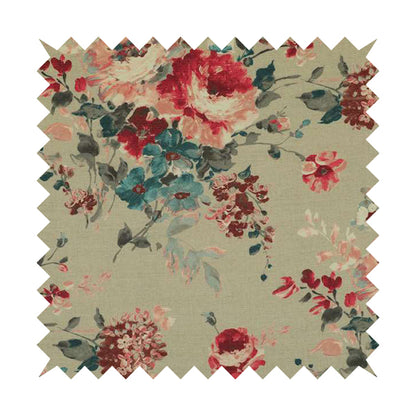 Bukoba Floral Printed Pattern On Linen Effect Material Red Colour Furnishing Interior Upholstery Fabric - Roman Blinds