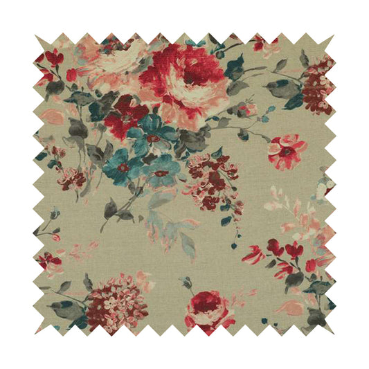Bukoba Floral Printed Pattern On Linen Effect Material Red Colour Furnishing Interior Upholstery Fabric