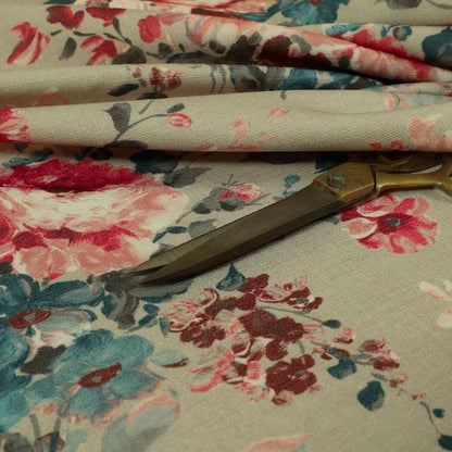 Bukoba Floral Printed Pattern On Linen Effect Material Red Colour Furnishing Interior Upholstery Fabric - Made To Measure Curtains