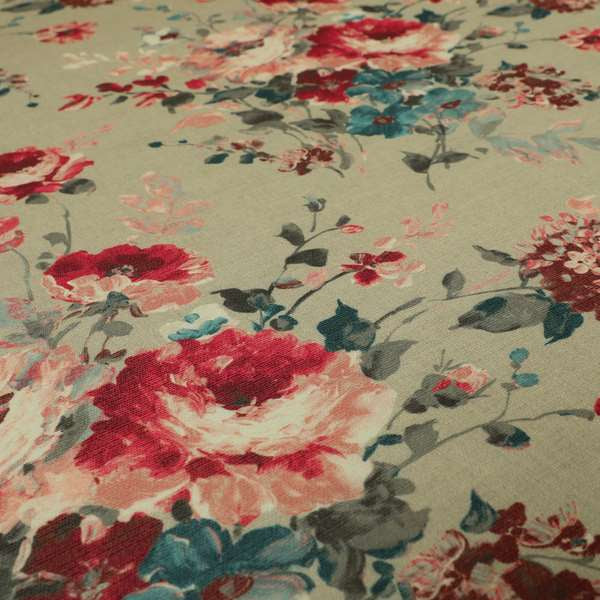 Bukoba Floral Printed Pattern On Linen Effect Material Red Colour Furnishing Interior Upholstery Fabric - Roman Blinds