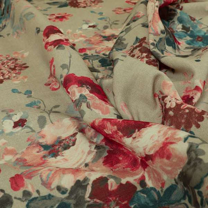 Bukoba Floral Printed Pattern On Linen Effect Material Red Colour Furnishing Interior Upholstery Fabric - Roman Blinds