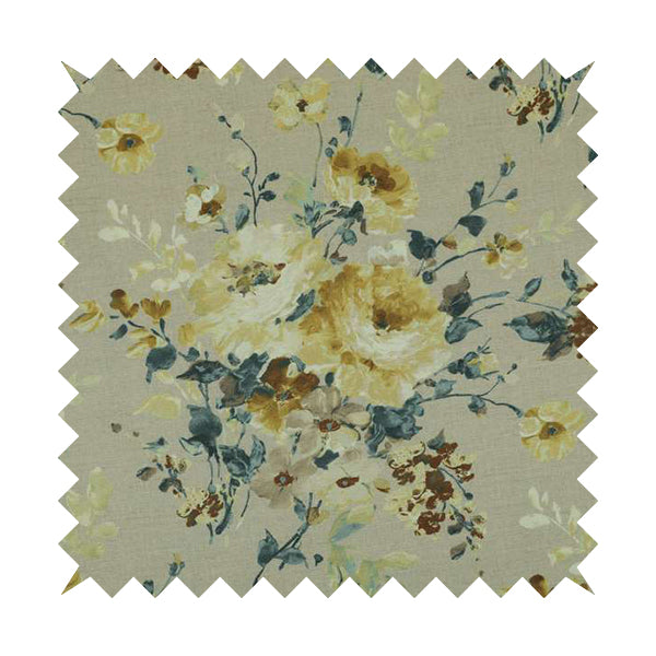 Bukoba Floral Printed Pattern On Linen Effect Material Yellow Colour Furnishing Interior Upholstery Fabric - Roman Blinds