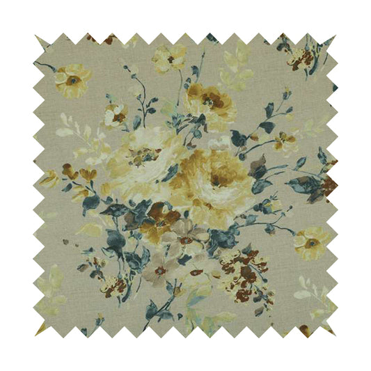Bukoba Floral Printed Pattern On Linen Effect Material Yellow Colour Furnishing Interior Upholstery Fabric