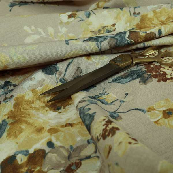 Bukoba Floral Printed Pattern On Linen Effect Material Yellow Colour Furnishing Interior Upholstery Fabric - Roman Blinds