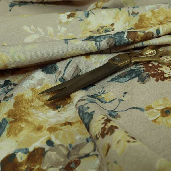 Bukoba Floral Printed Pattern On Linen Effect Material Yellow Colour Furnishing Interior Upholstery Fabric - Handmade Cushions