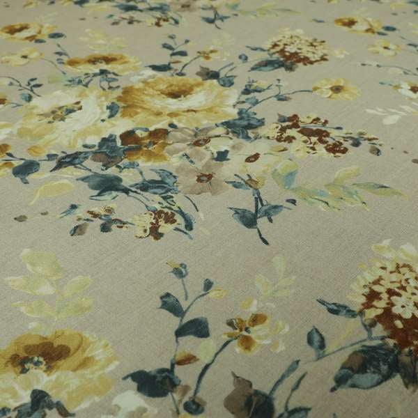 Bukoba Floral Printed Pattern On Linen Effect Material Yellow Colour Furnishing Interior Upholstery Fabric