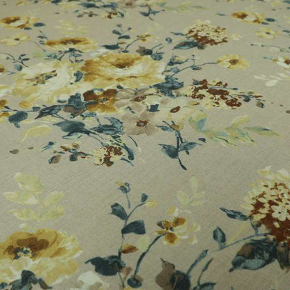 Bukoba Floral Printed Pattern On Linen Effect Material Yellow Colour Furnishing Interior Upholstery Fabric - Made To Measure Curtains