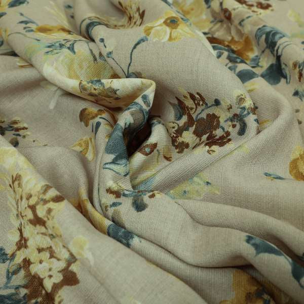 Bukoba Floral Printed Pattern On Linen Effect Material Yellow Colour Furnishing Interior Upholstery Fabric - Roman Blinds