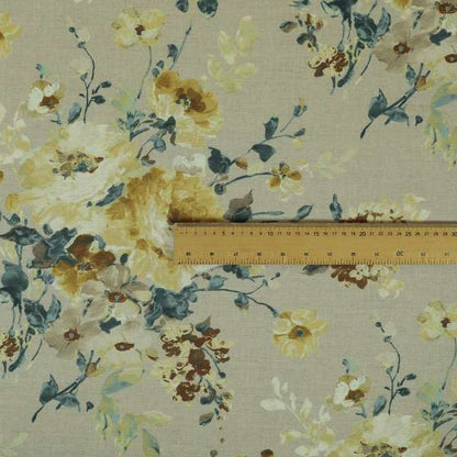 Bukoba Floral Printed Pattern On Linen Effect Material Yellow Colour Furnishing Interior Upholstery Fabric - Roman Blinds
